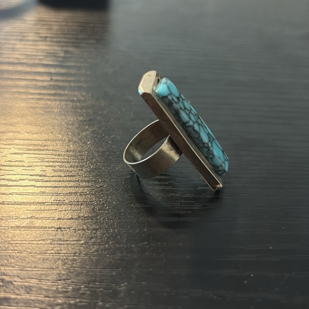 Silver Ring Synthetic Turquoise Rectangle Stone S… - image 2